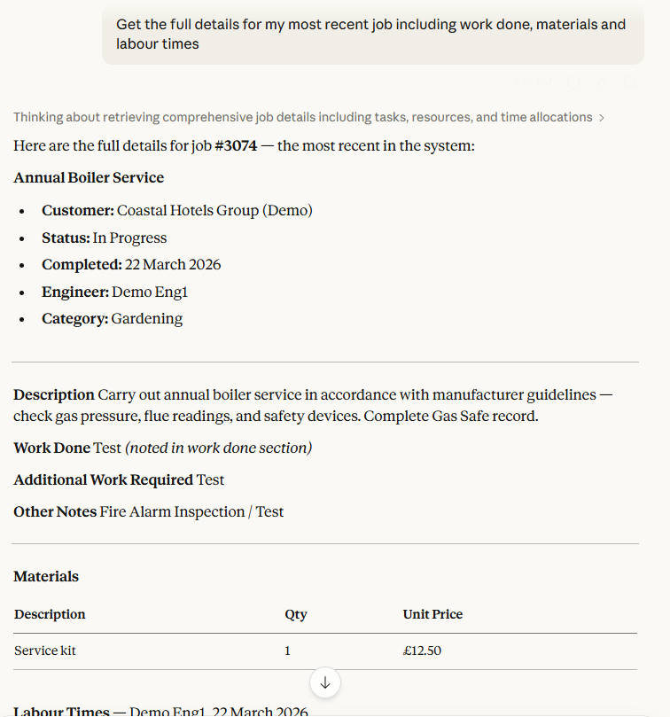 Claude AI connector showing a question about job details including work done, materials and labour times